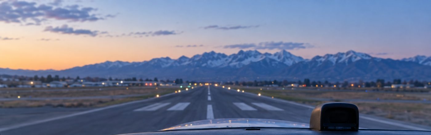Training aircraft cockpit view on approach to a runway