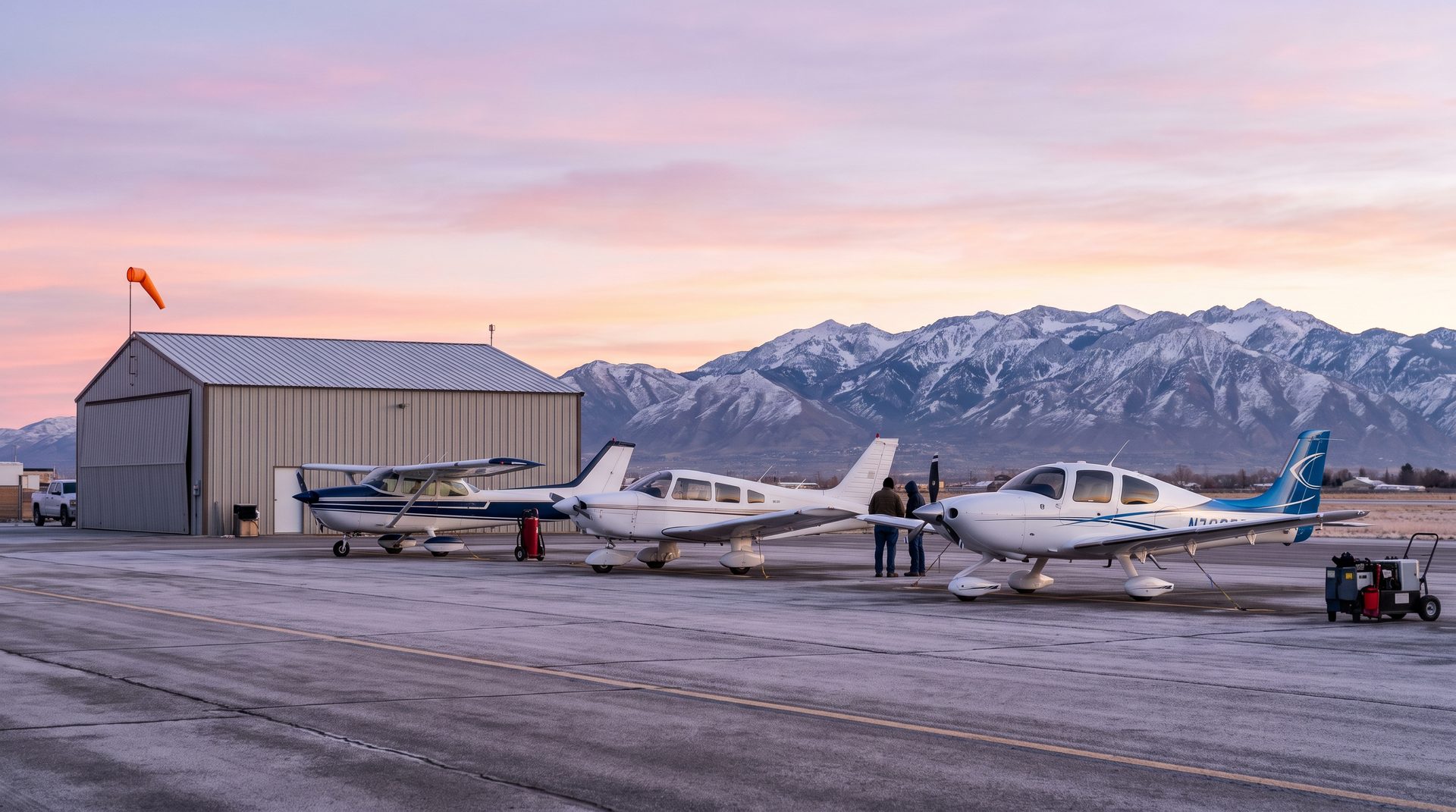 Fleet of three training aircraft lined up on the ramp at dawn with a hangar and windsock in the background