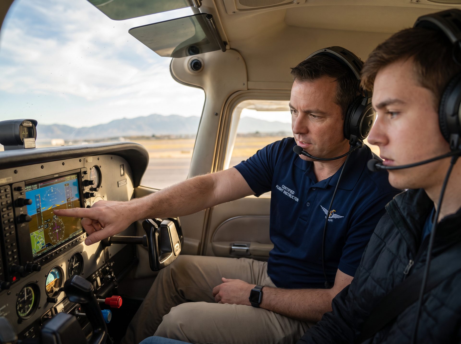 Flight instructor and student reviewing a preflight checklist beside a training aircraft