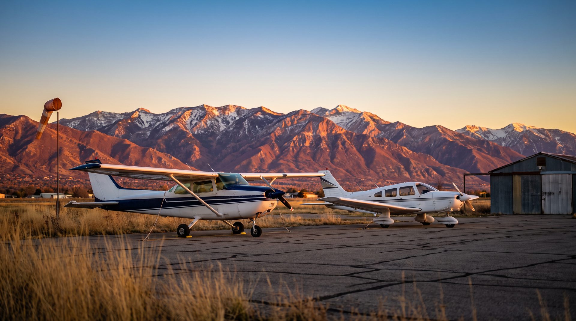 Cessna and Piper trainer aircraft parked on the ramp at golden hour with the Wasatch mountains behind them