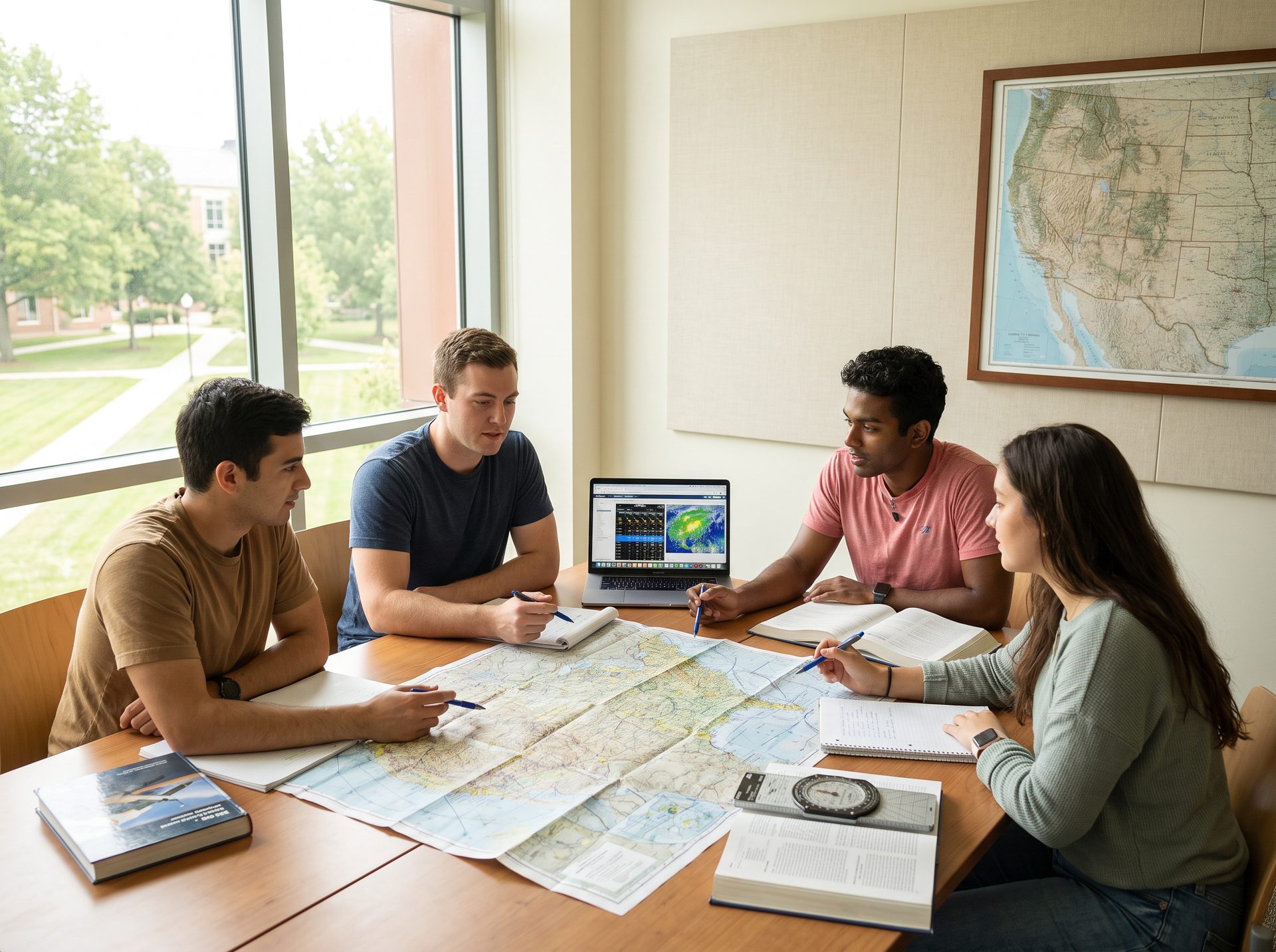 Students reviewing an aeronautical sectional chart and flight planning materials at a table